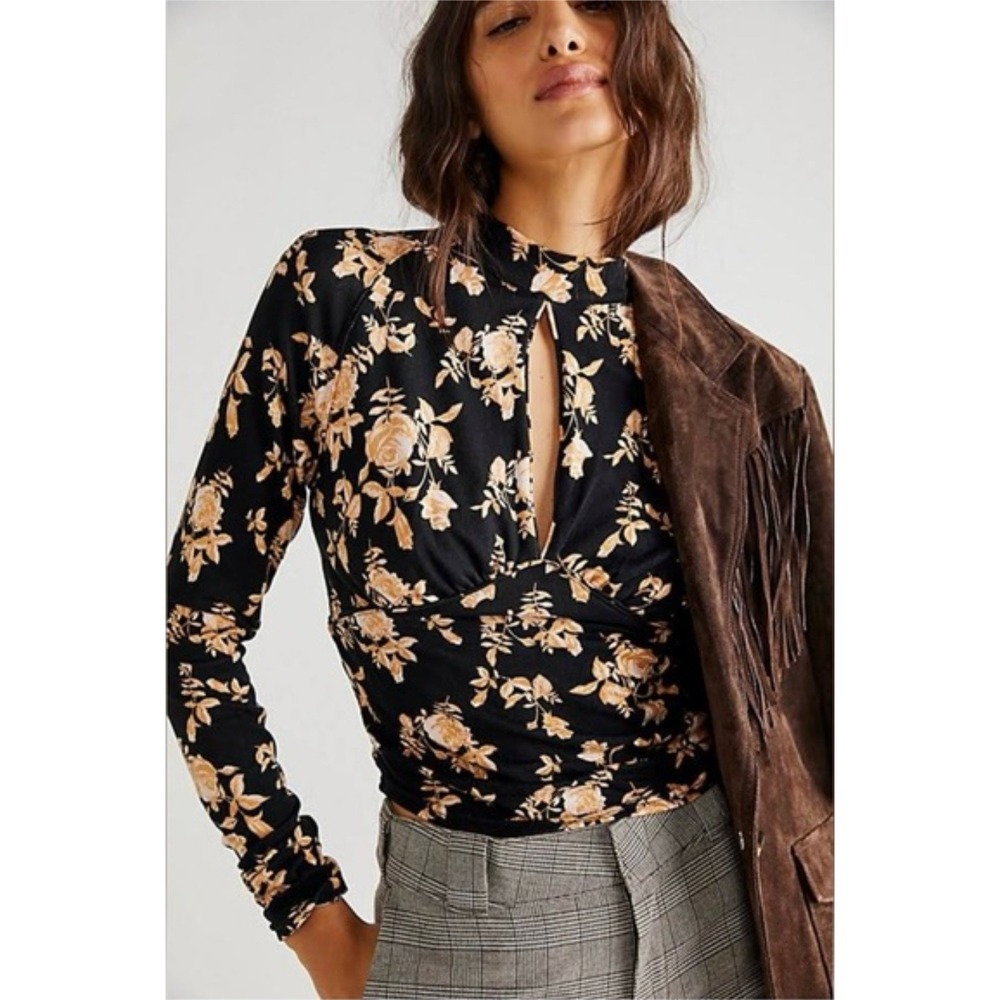 Free People Floral Long Sleeve Top‎ Womens Medium Black Yellow Rose Mock Neck